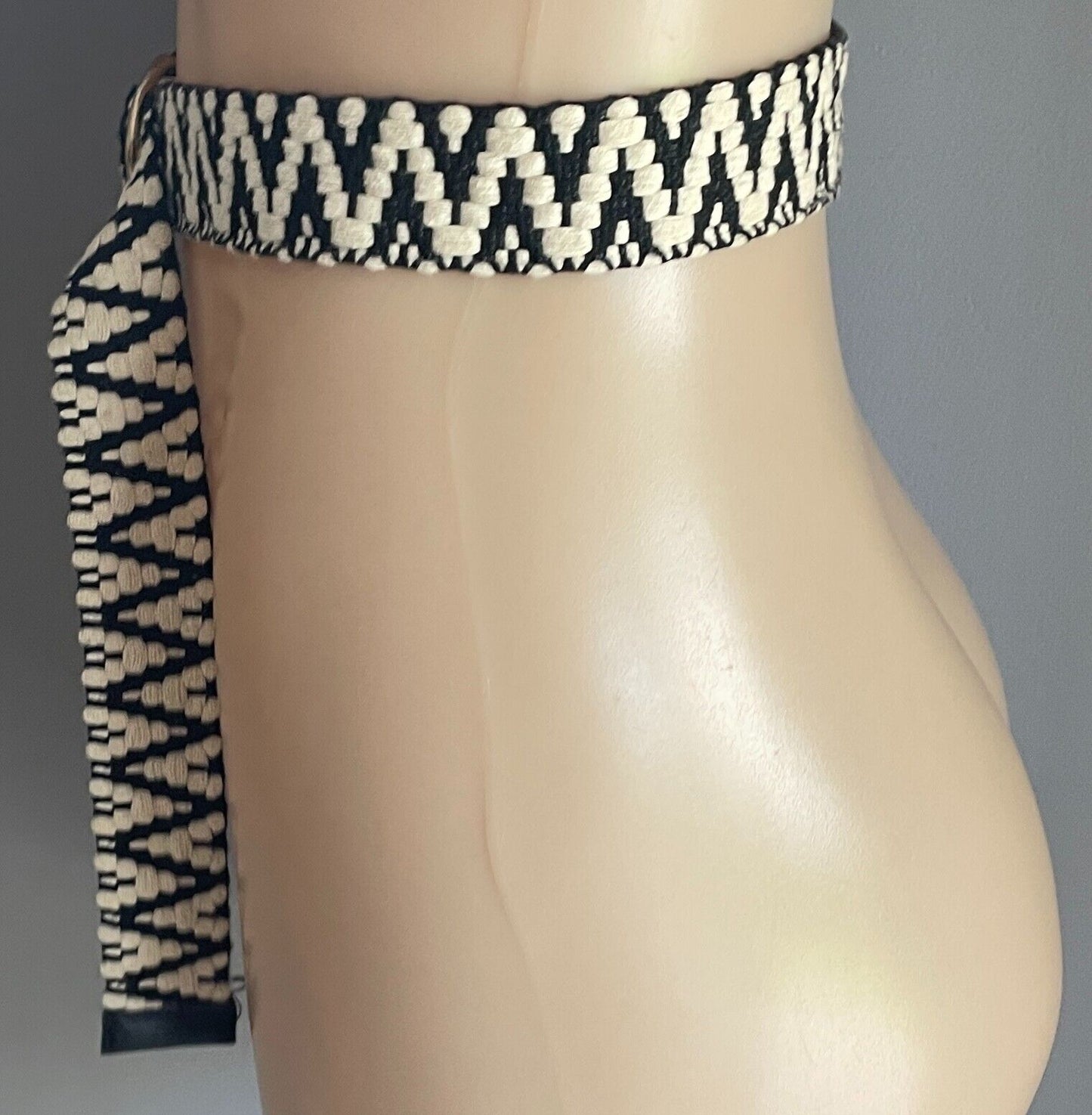 Ladies Belt KOOKAI Black & Off White Cotton Zig Zag Print D-Ring 100.5cm Long 10