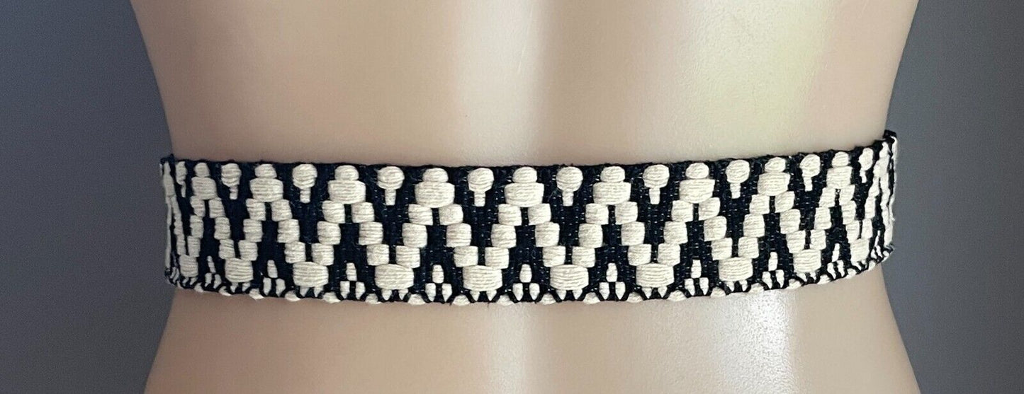 Ladies Belt KOOKAI Black & Off White Cotton Zig Zag Print D-Ring 100.5cm Long 10