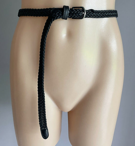 Ladies Belt Woven 1.5cm Black Cord Braided Silver Buckle Size 14 109.5cm HT1490