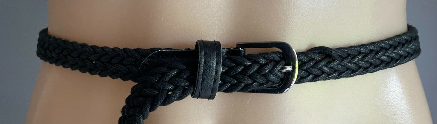 Ladies Belt Woven 1.5cm Black Cord Braided Silver Buckle Size 14 109.5cm HT1490
