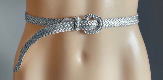 Ladies Belt Pleather 2cm Silver Woven w Silver Tone Buckle Ladies Size XS