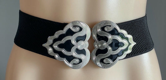 Ladies Belt Elastic Wide Black Silver Black Enamel Decorative Waist Sz 12 14