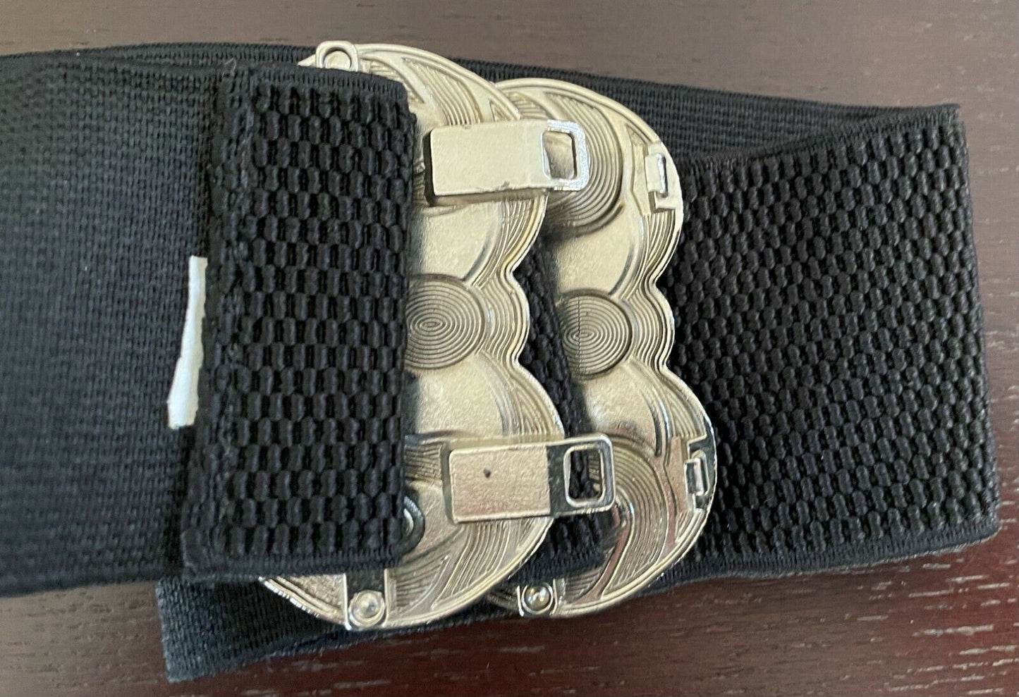 Ladies Belt Elastic Wide Black Silver Black Enamel Decorative Waist Sz 12 14