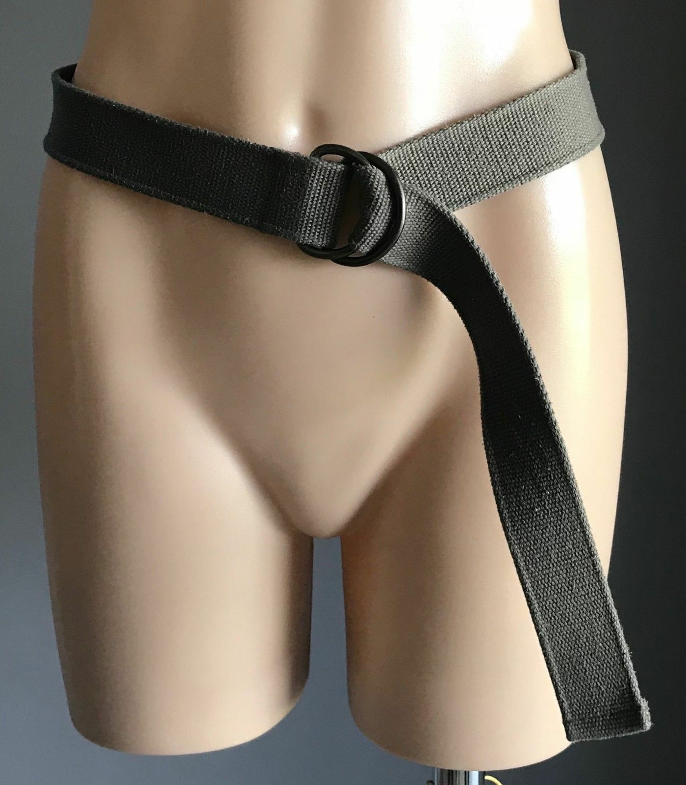 Unisex Canvas Belt 3.7cm D RING BELT Khaki Utility Adjustable 108cm Long