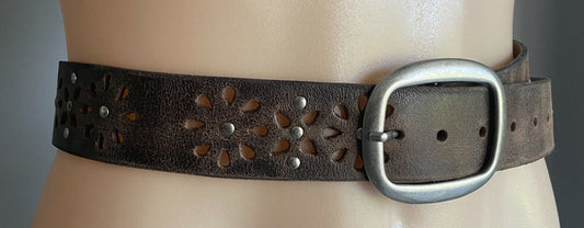 LEATHER Belt LOOP 4cm Tan Floral Hole Punch & Silver Stud Belt Ladies Sz M 10 12