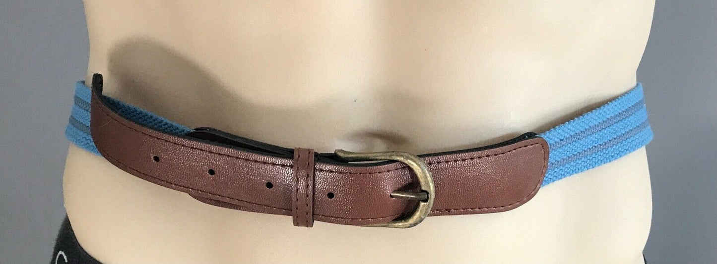 Mens CANVAS Belt Blue & Grey Stripe w Tan Pleather Trim Each End Size 44