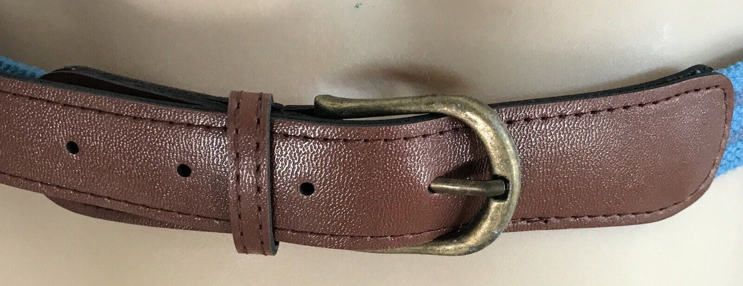 Mens CANVAS Belt Blue & Grey Stripe w Tan Pleather Trim Each End Size 44
