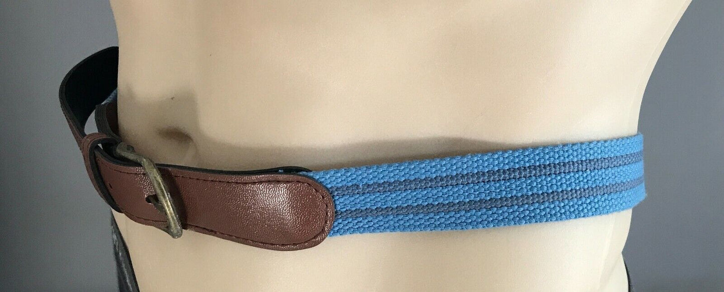 Mens CANVAS Belt Blue & Grey Stripe w Tan Pleather Trim Each End Size 44