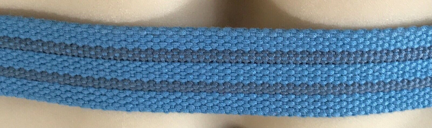Mens CANVAS Belt Blue & Grey Stripe w Tan Pleather Trim Each End Size 44