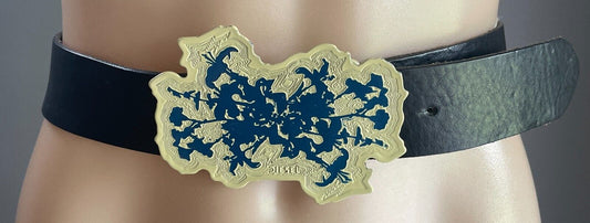 Leather Belt DIESEL Black w Cream Blue Engraved Plaque Buckle Fit Waist 78 88cm