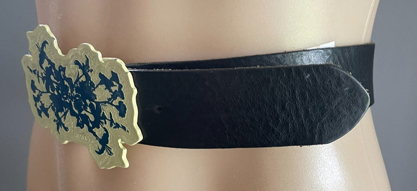 Leather Belt DIESEL Black w Cream Blue Engraved Plaque Buckle Fit Waist 78 88cm