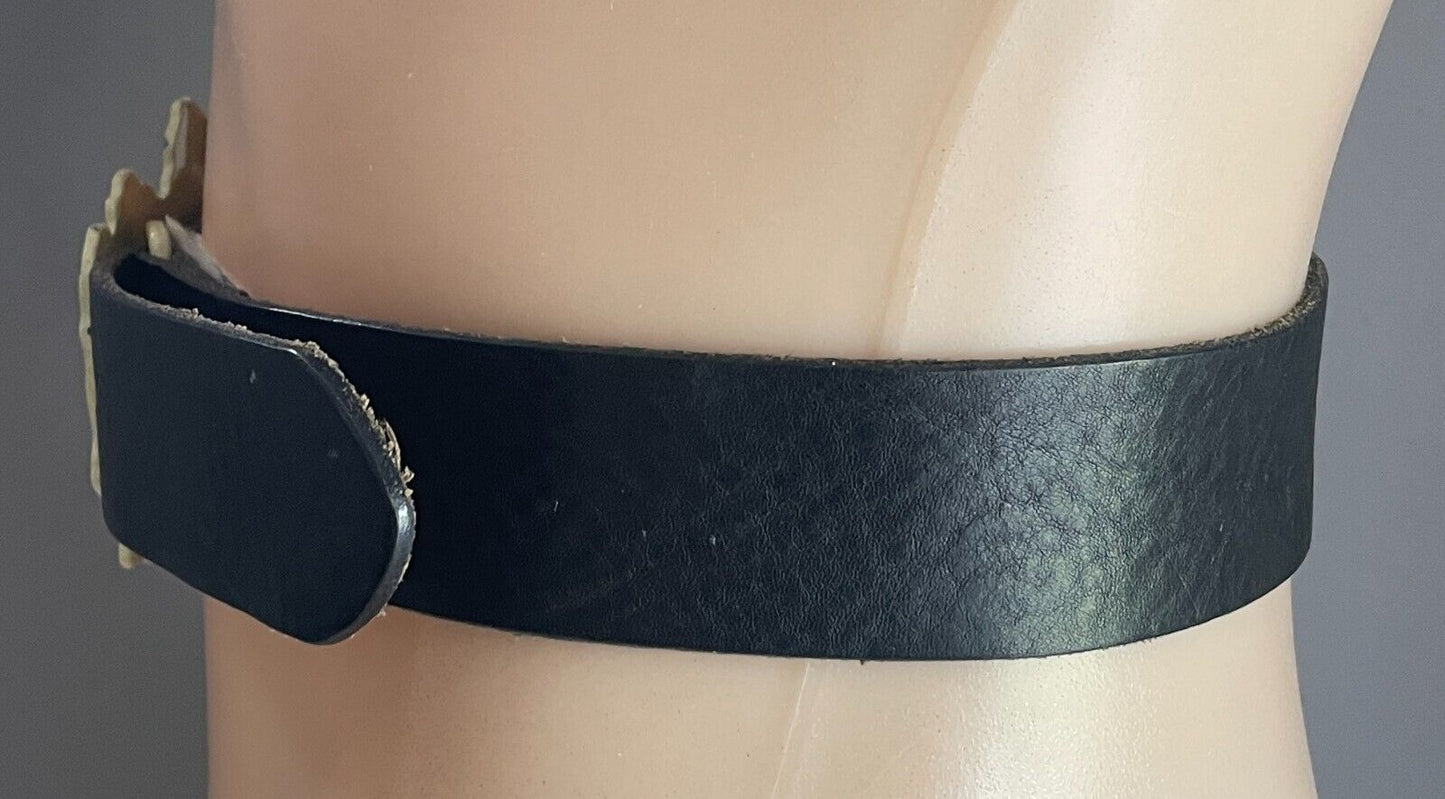 Leather Belt DIESEL Black w Cream Blue Engraved Plaque Buckle Fit Waist 78 88cm