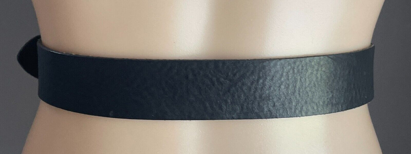 Leather Belt DIESEL Black w Cream Blue Engraved Plaque Buckle Fit Waist 78 88cm