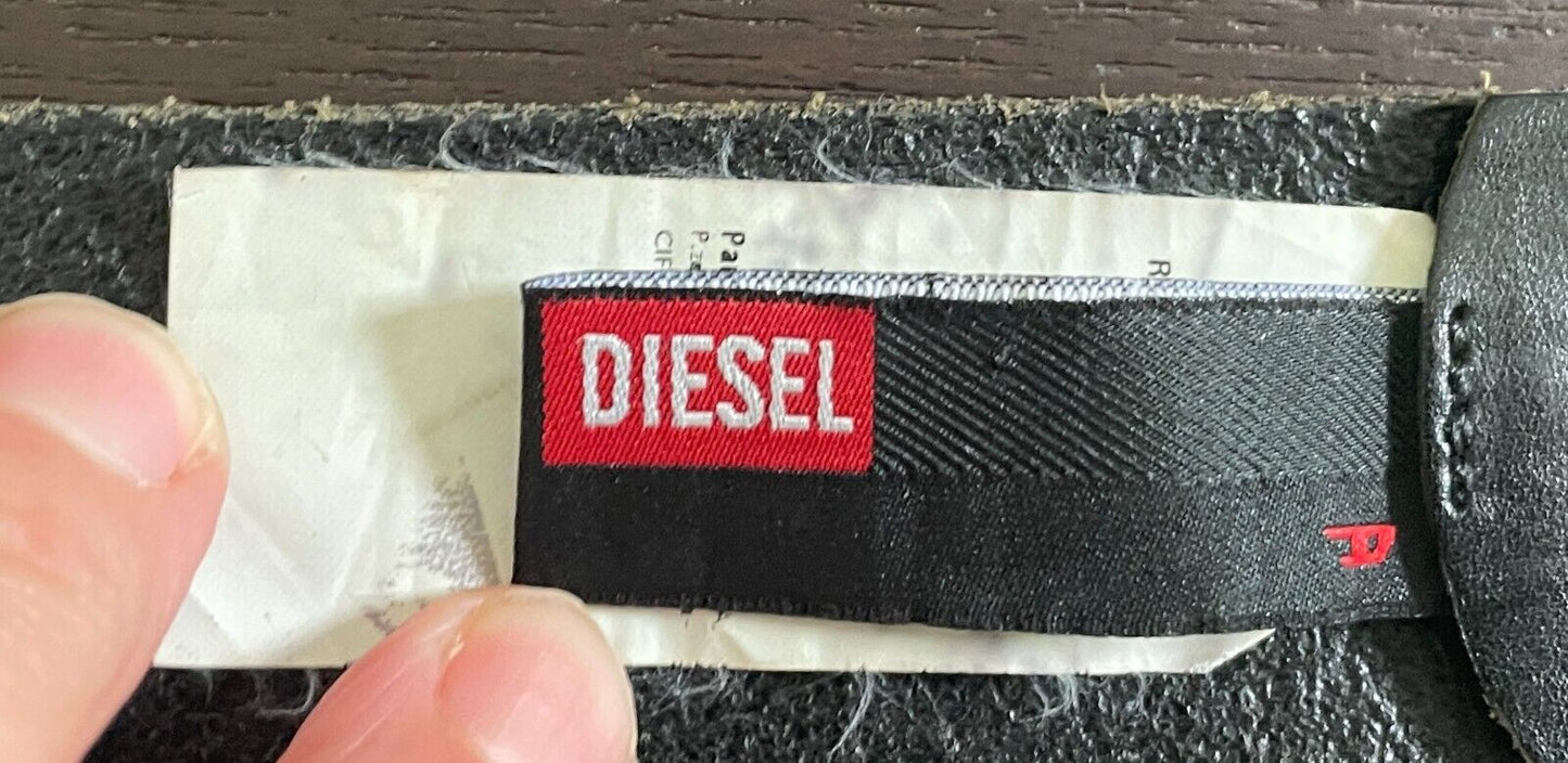 Leather Belt DIESEL Black w Cream Blue Engraved Plaque Buckle Fit Waist 78 88cm