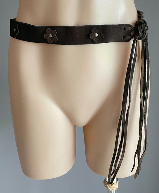 Ladies LEATHER Belt SUEDE Brown PVC Back Floral Motif Knot Tie Sz M 10 12 Retro