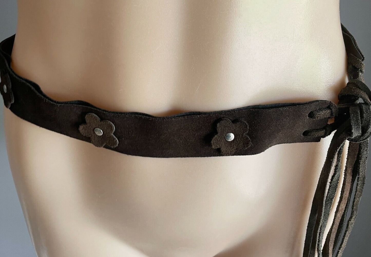 Ladies LEATHER Belt SUEDE Brown PVC Back Floral Motif Knot Tie Sz M 10 12 Retro