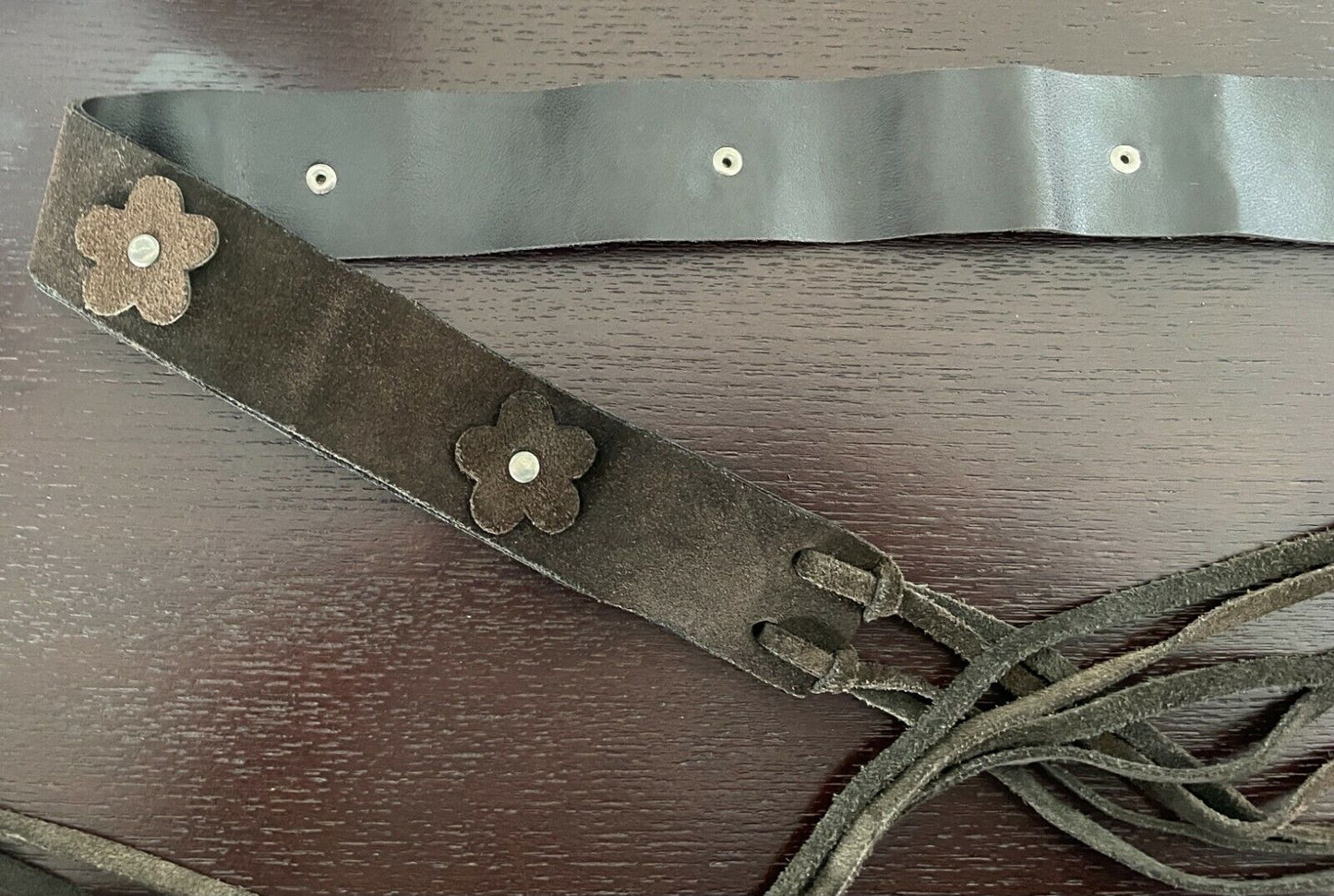 Ladies LEATHER Belt SUEDE Brown PVC Back Floral Motif Knot Tie Sz M 10 12 Retro