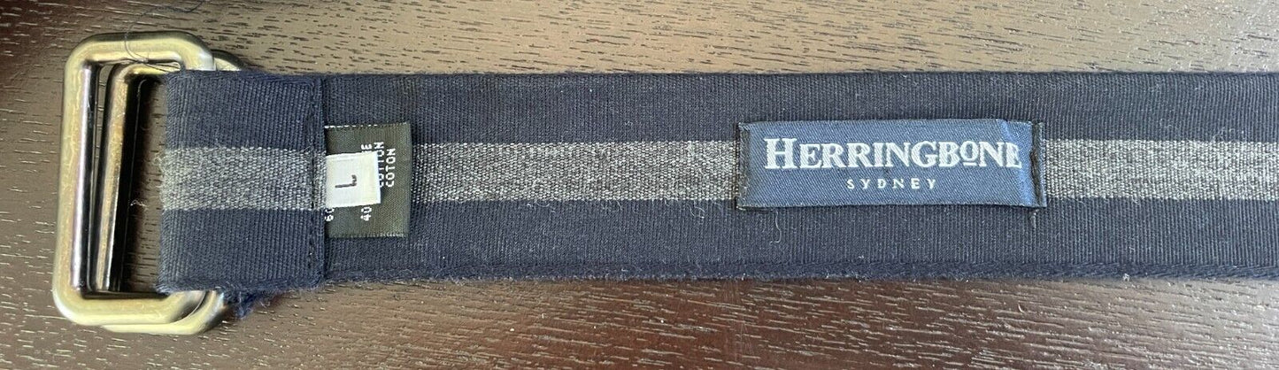 HERRINGBONE SYDNEY Utility Belt Navy Blue & Grey Stripe Wool Cotton Blend Size L