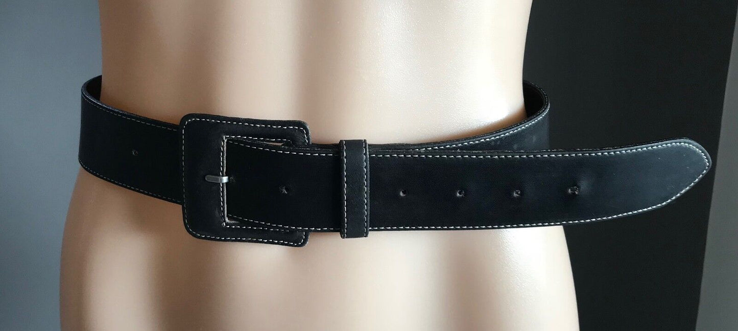 PAQUETAGE LEATHER Belt Black Contrast White Stitching Size 80cm 32" Ladies AU 10