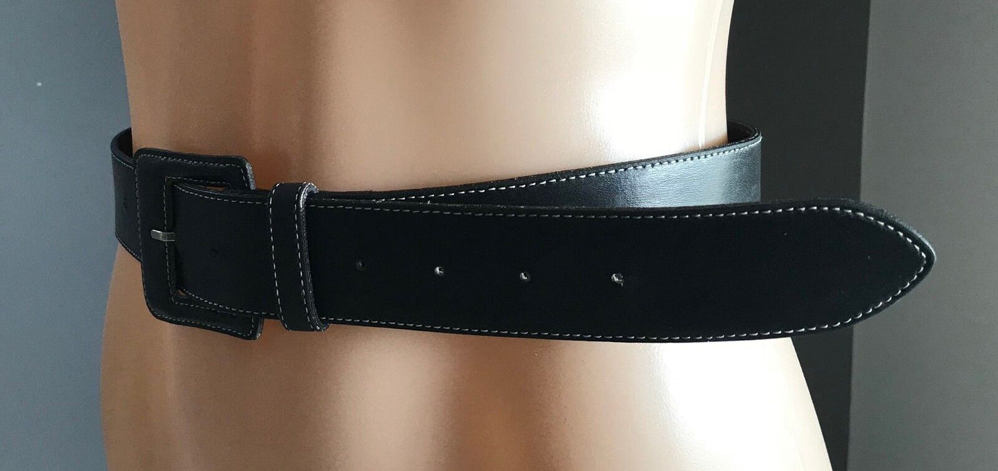 PAQUETAGE LEATHER Belt Black Contrast White Stitching Size 80cm 32" Ladies AU 10