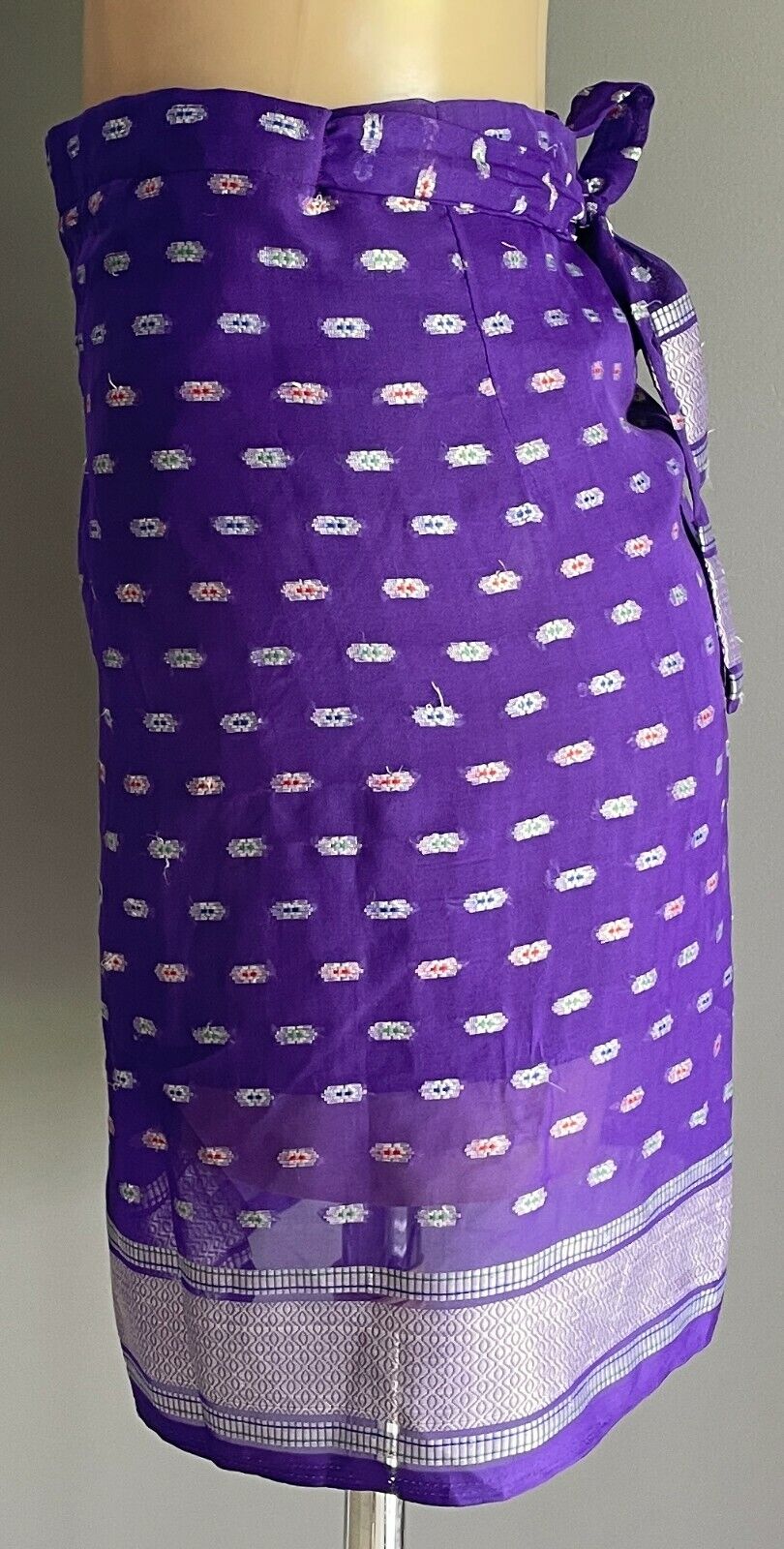 SARONG WRAP SKIRT Short Cotton Purple & Silver Lightweight Knee Length Sz 10  12