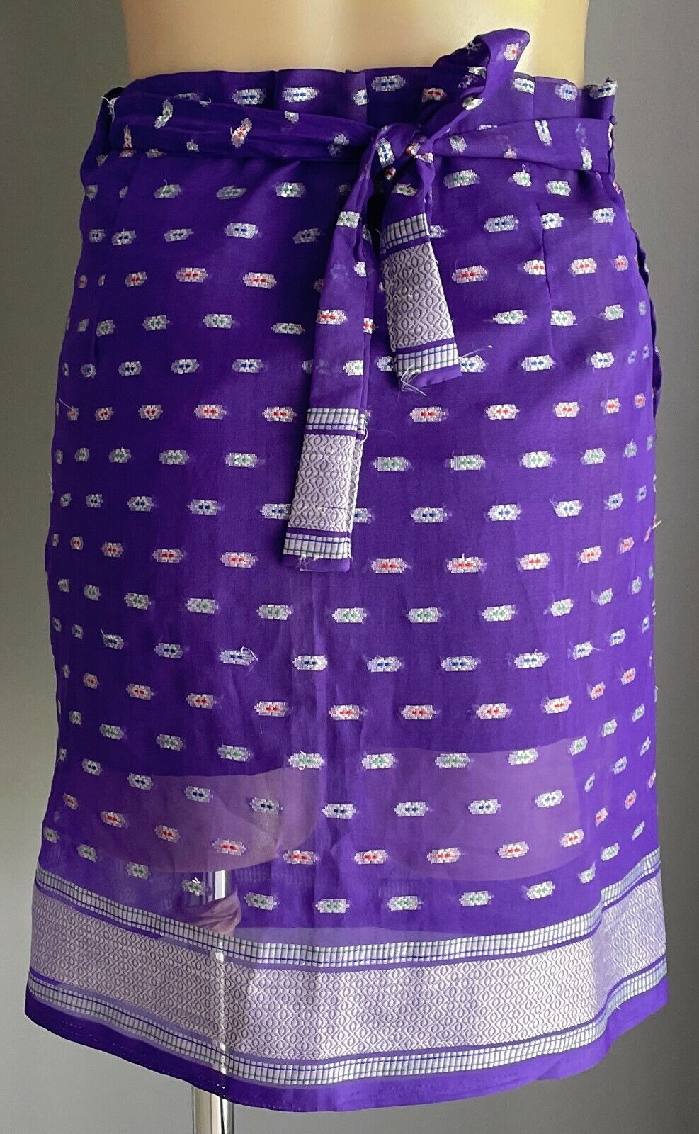SARONG WRAP SKIRT Short Cotton Purple & Silver Lightweight Knee Length Sz 10  12