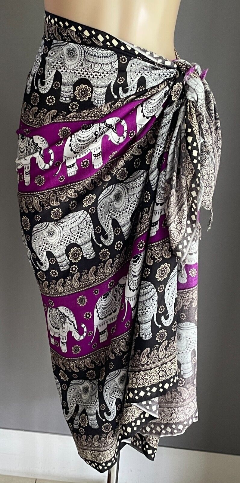 SARONG Gorgeous Elephant Paisley Floral White Black Purple Beige Fringe Trim