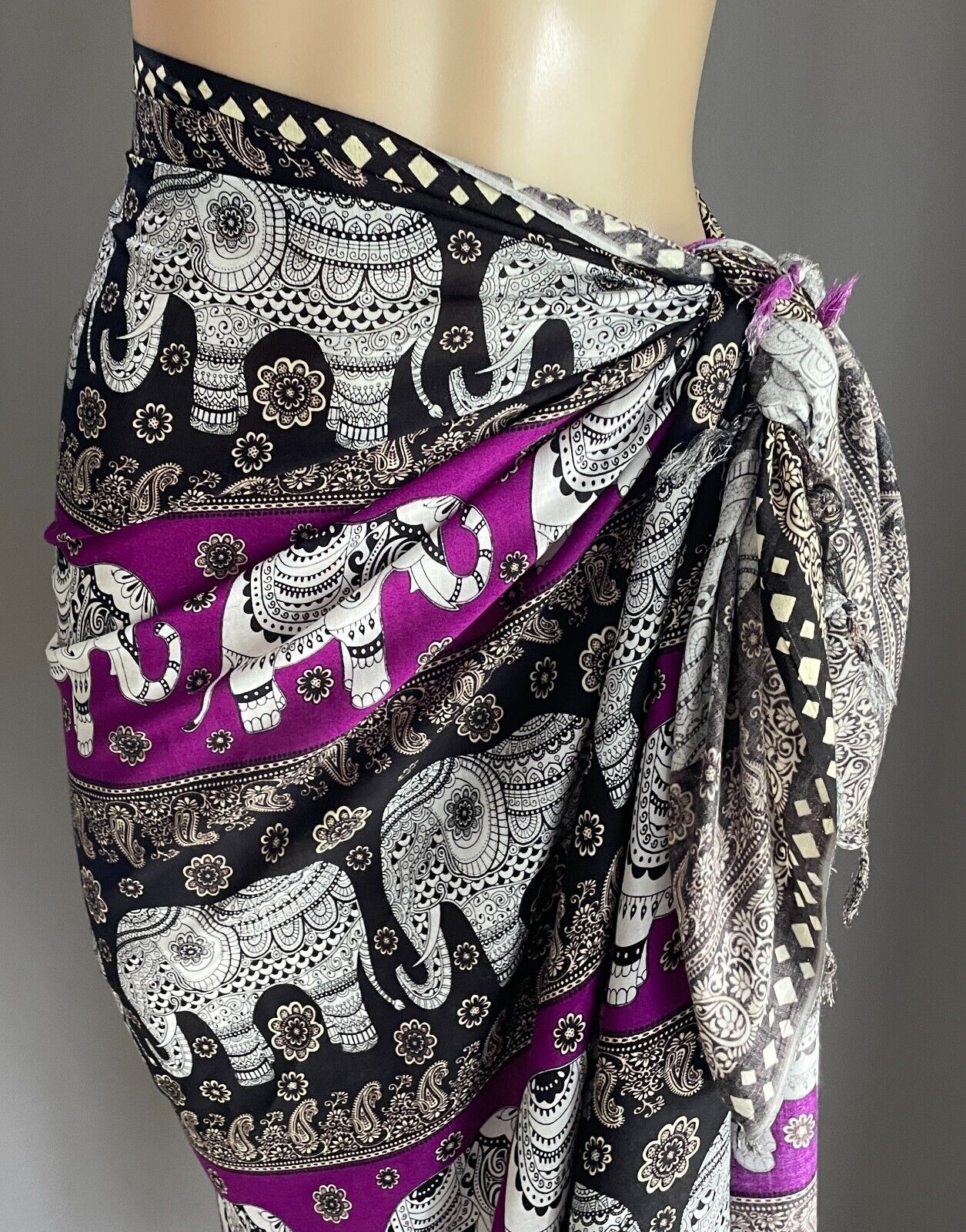 SARONG Gorgeous Elephant Paisley Floral White Black Purple Beige Fringe Trim