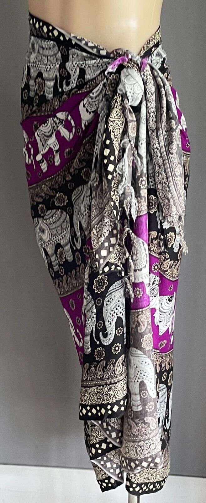 SARONG Gorgeous Elephant Paisley Floral White Black Purple Beige Fringe Trim