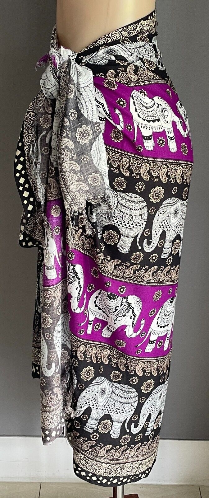 SARONG Gorgeous Elephant Paisley Floral White Black Purple Beige Fringe Trim
