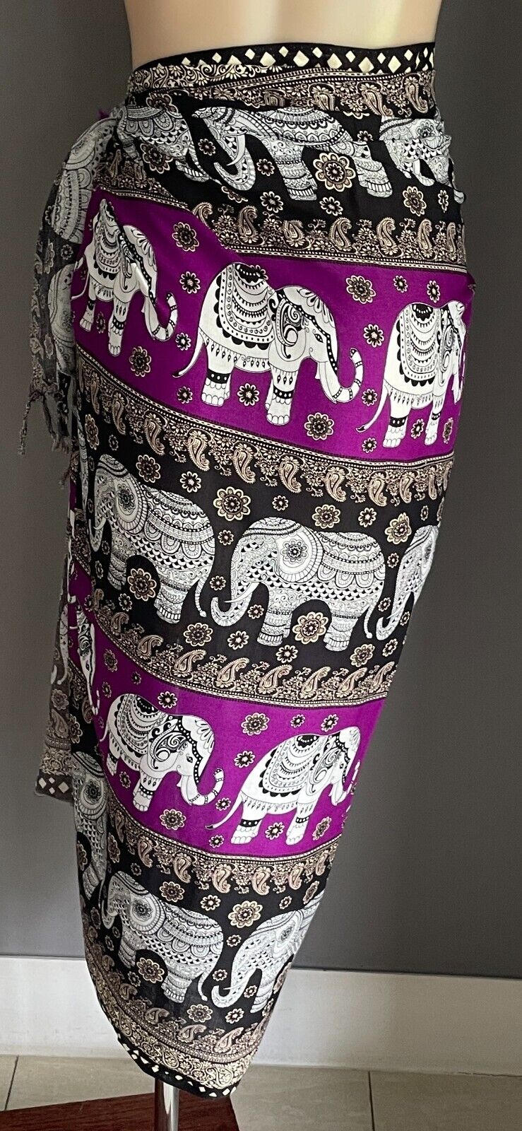 SARONG Gorgeous Elephant Paisley Floral White Black Purple Beige Fringe Trim