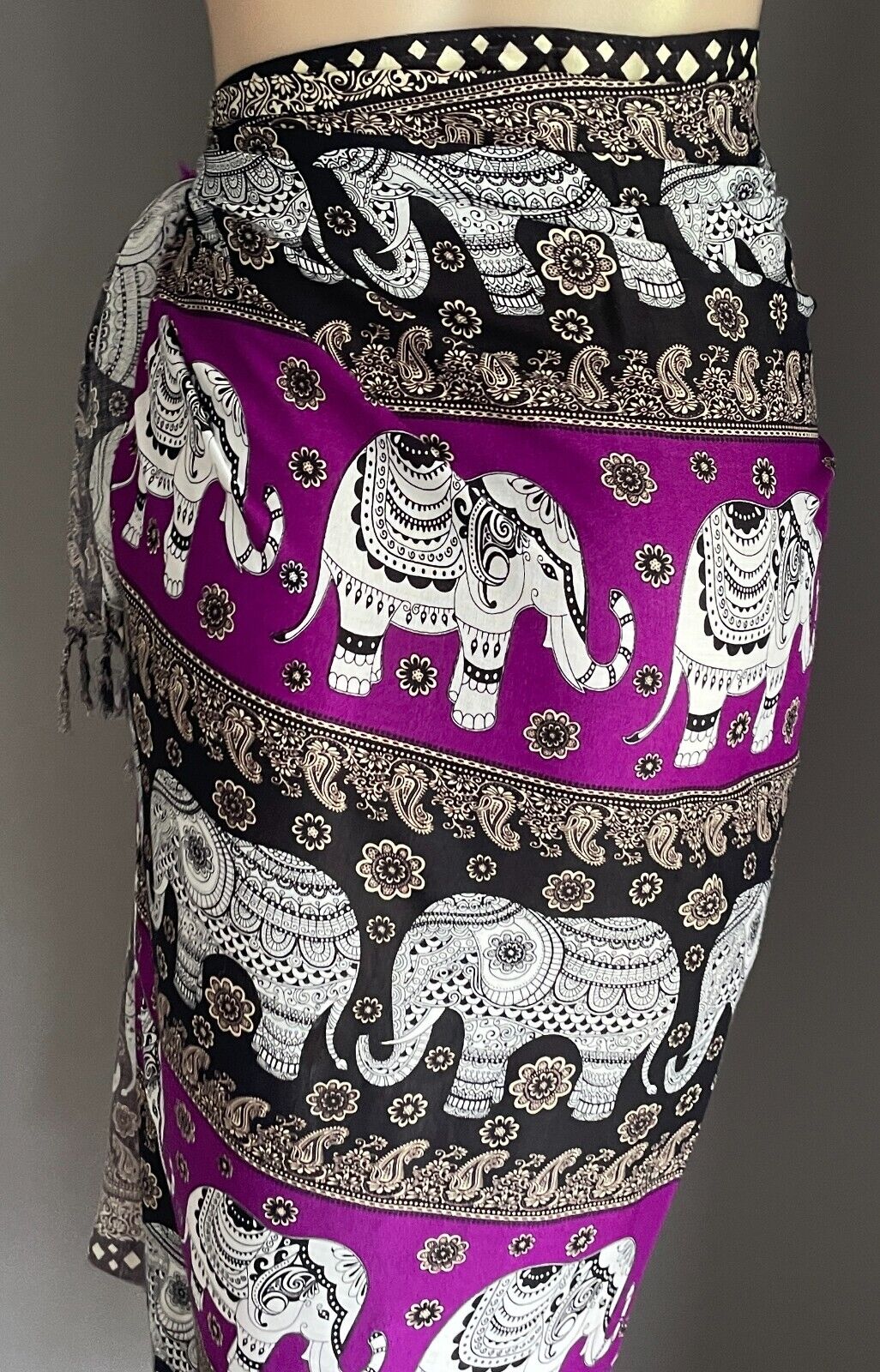 SARONG Gorgeous Elephant Paisley Floral White Black Purple Beige Fringe Trim