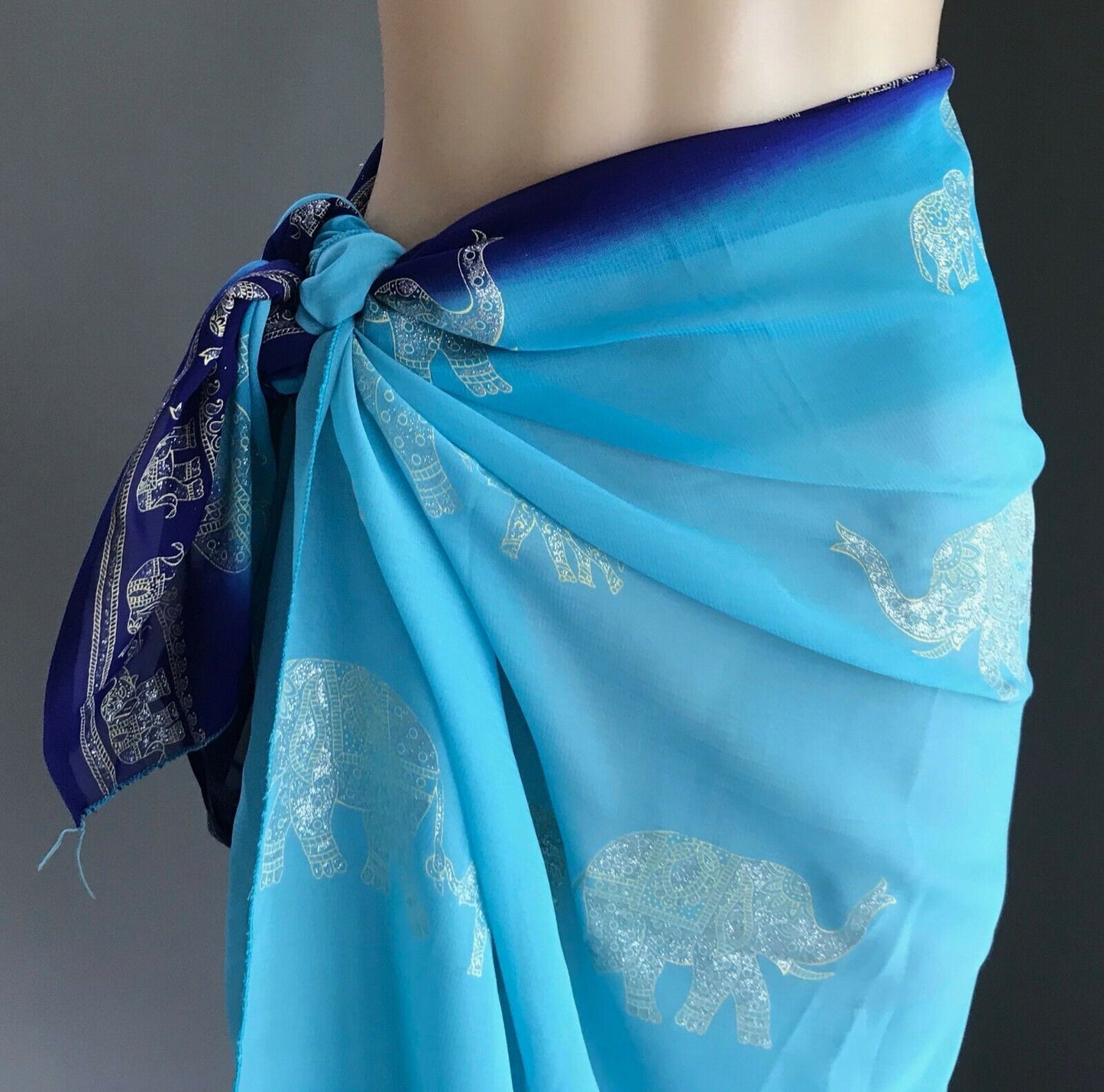 SARONG Elephant Print Blue Purple Edge Semi Sheer Rectangle Scarf Size 8 12 New