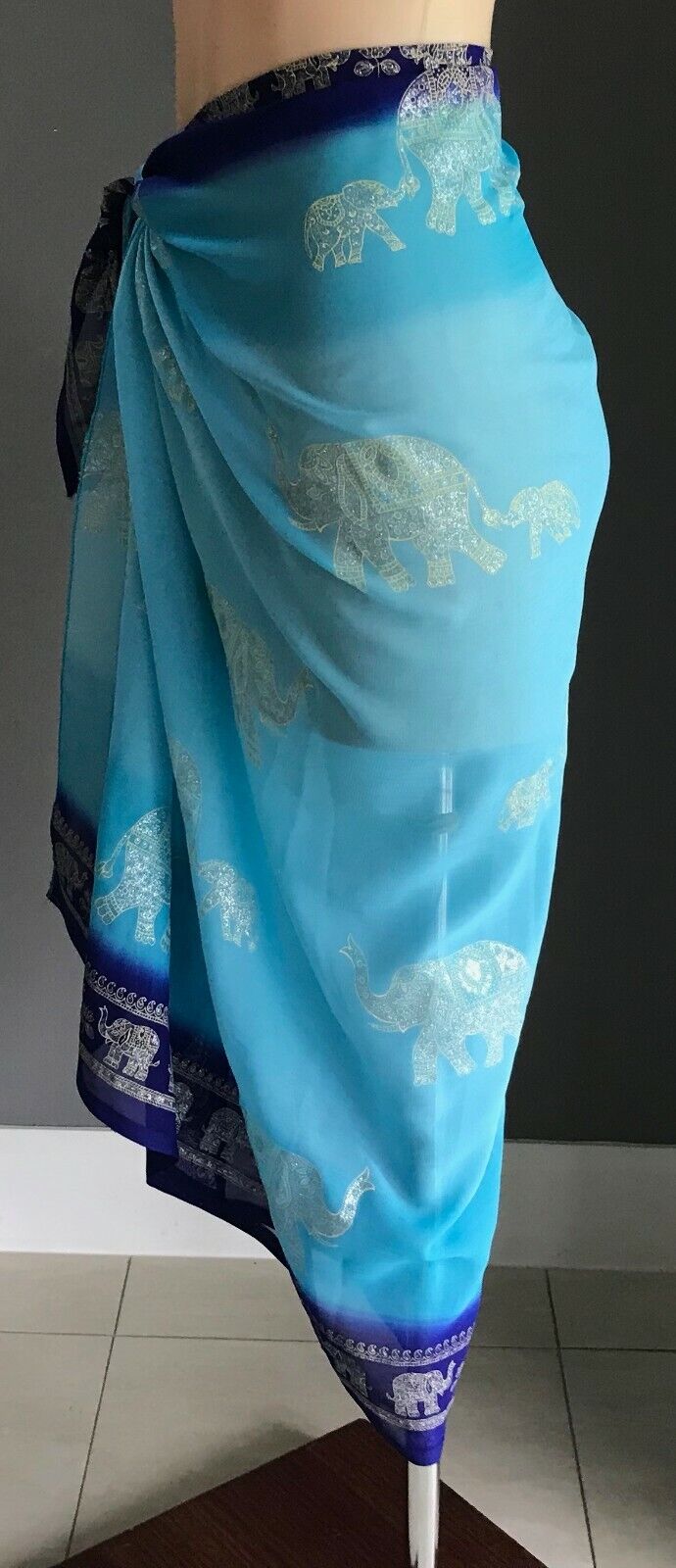 SARONG Elephant Print Blue Purple Edge Semi Sheer Rectangle Scarf Size 8 12 New