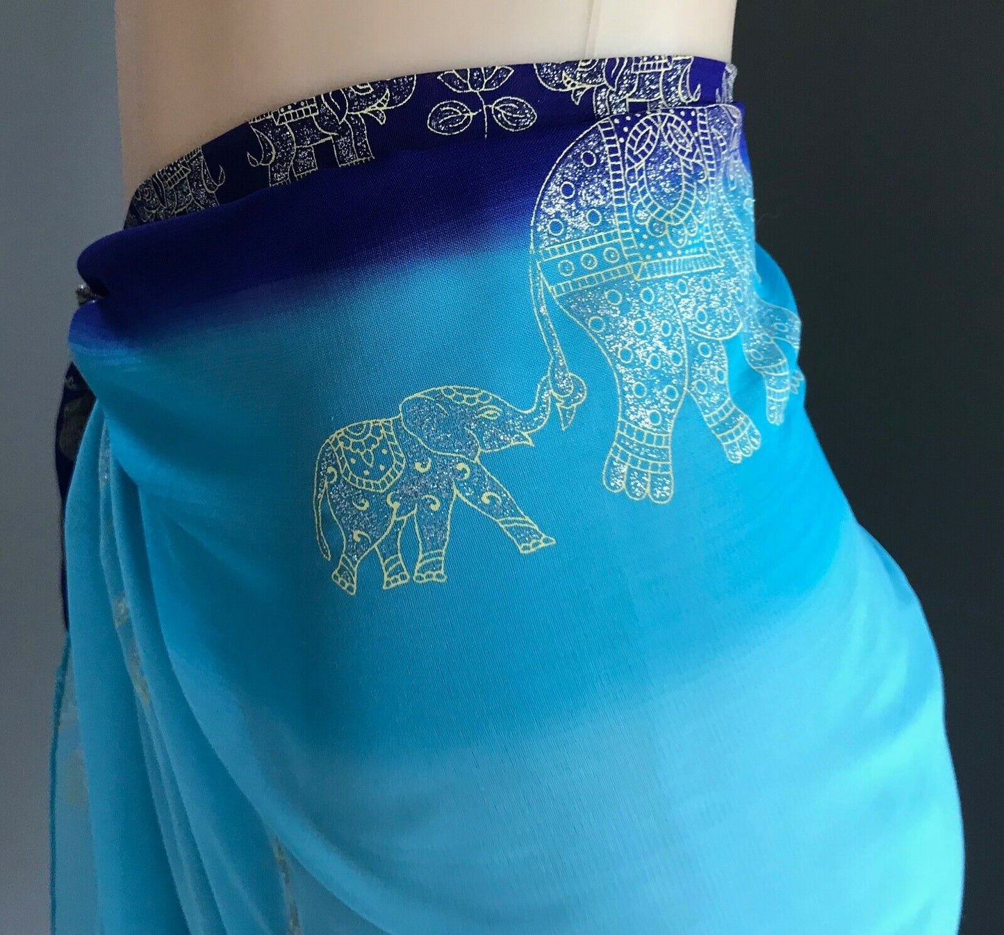 SARONG Elephant Print Blue Purple Edge Semi Sheer Rectangle Scarf Size 8 12 New