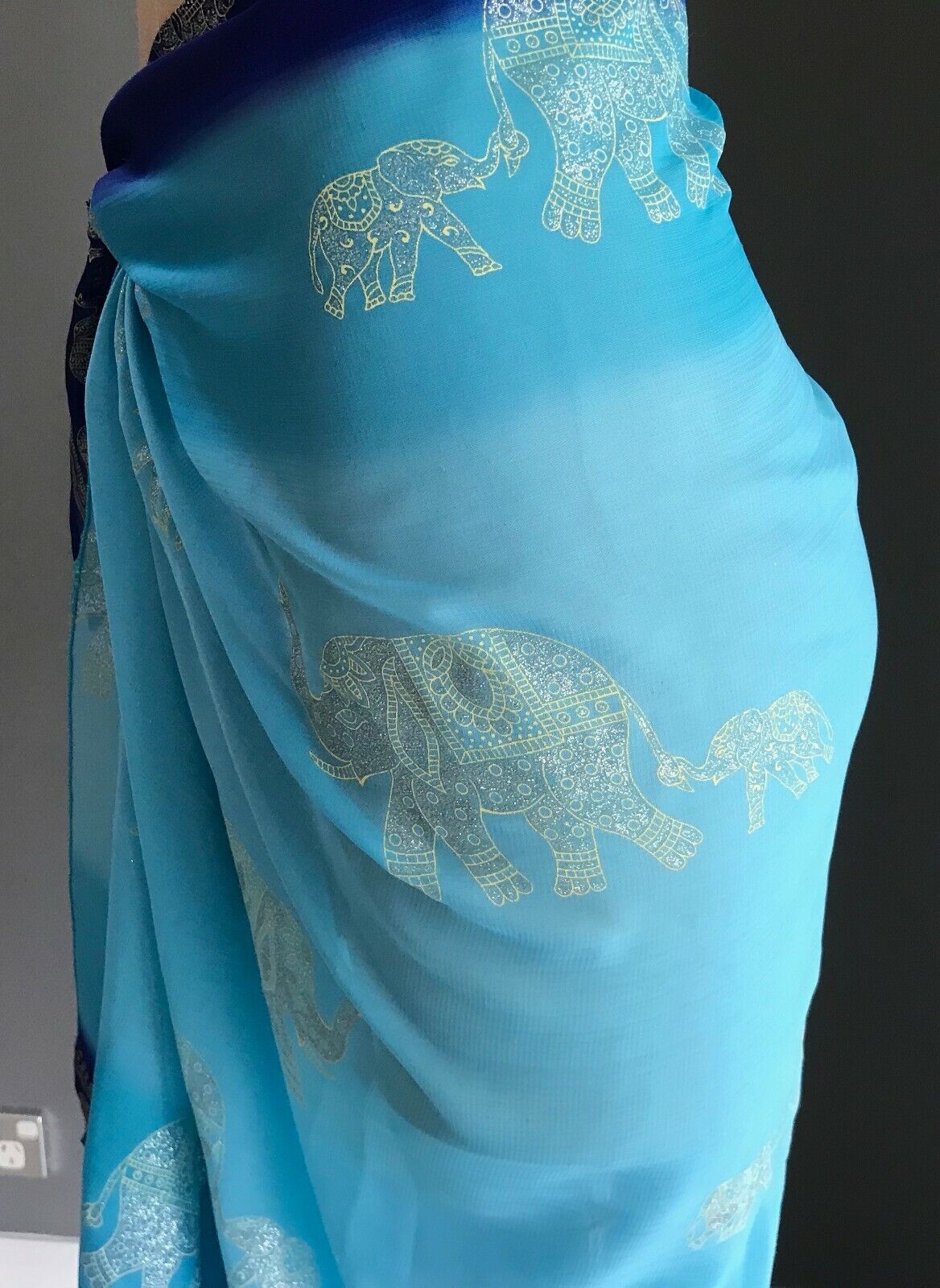 SARONG Elephant Print Blue Purple Edge Semi Sheer Rectangle Scarf Size 8 12 New