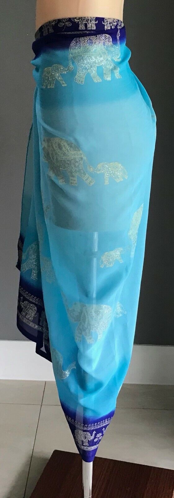 SARONG Elephant Print Blue Purple Edge Semi Sheer Rectangle Scarf Size 8 12 New