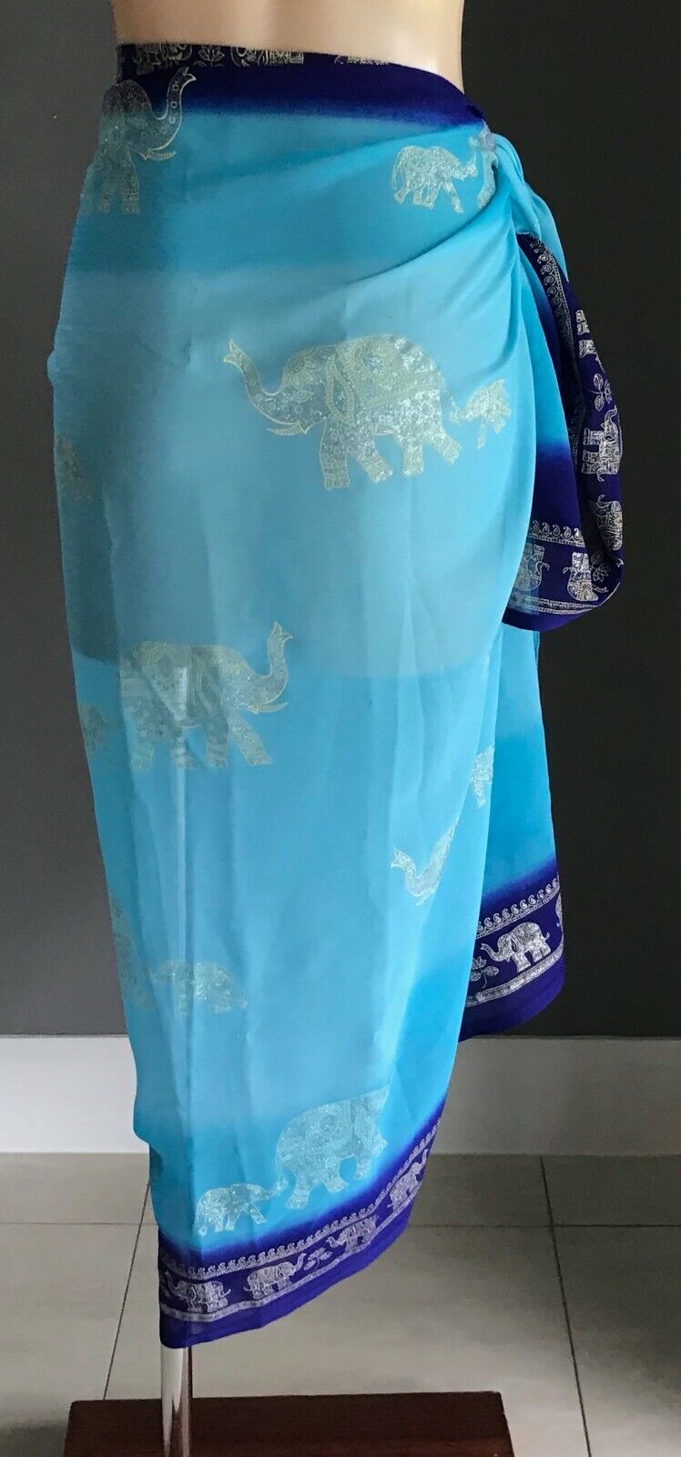 SARONG Elephant Print Blue Purple Edge Semi Sheer Rectangle Scarf Size 8 12 New
