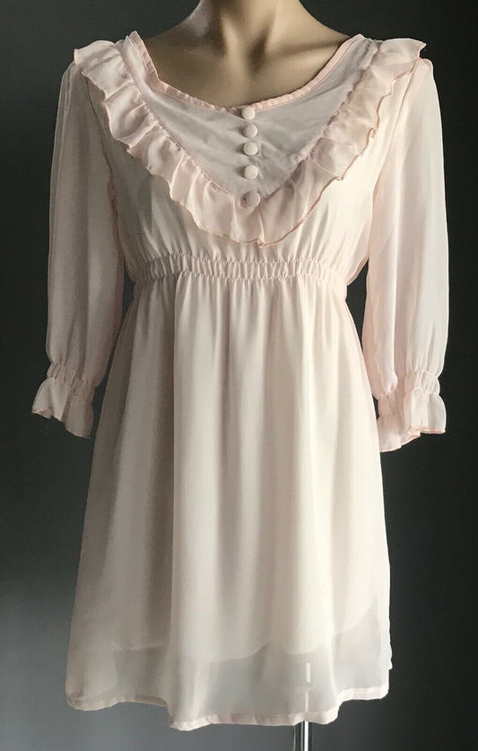 RJ STORY Dress Pale Pink 3/4 Sleeve Ruffle Neck Elastic Waist Ladies Size 10
