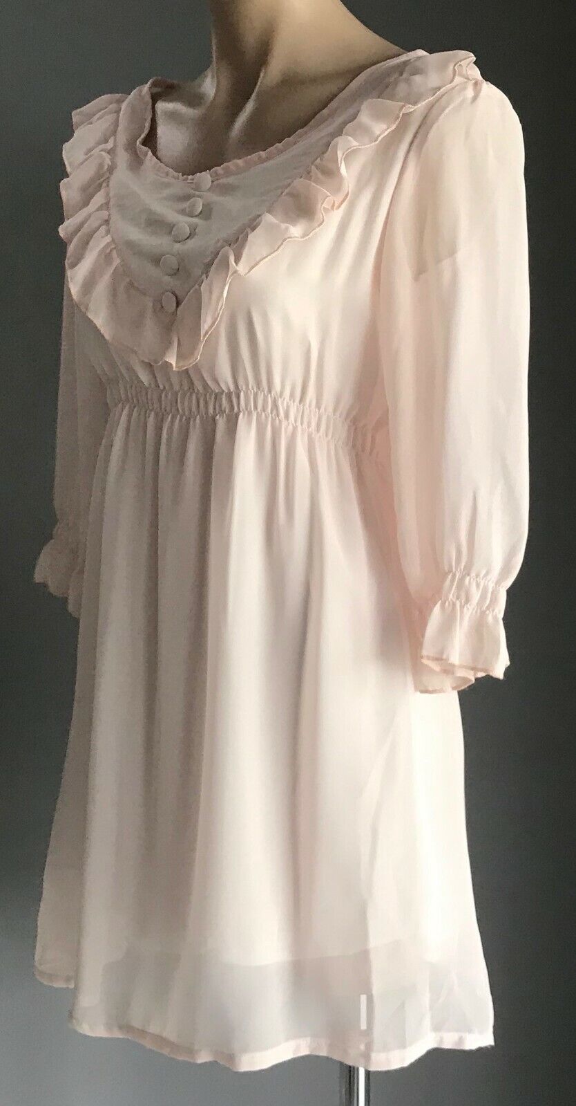 RJ STORY Dress Pale Pink 3/4 Sleeve Ruffle Neck Elastic Waist Ladies Size 10
