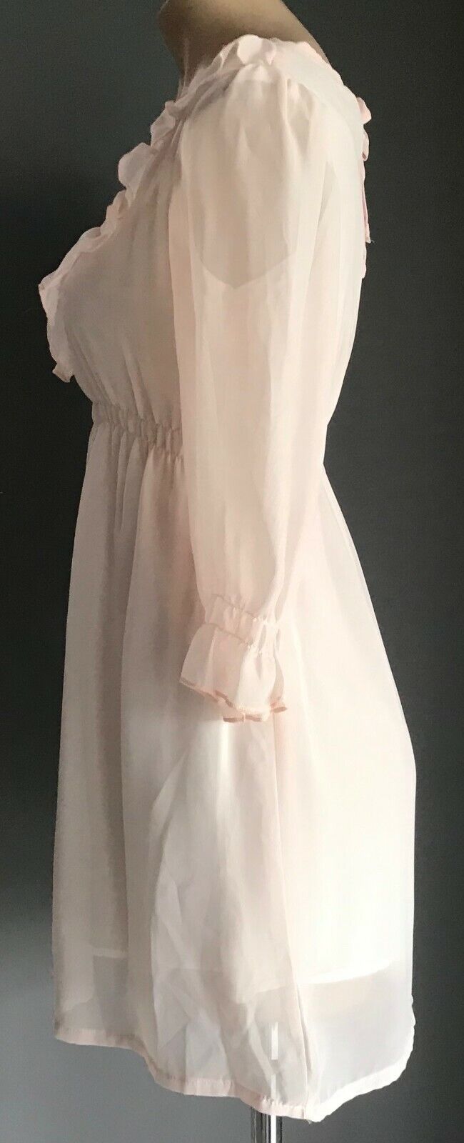 RJ STORY Dress Pale Pink 3/4 Sleeve Ruffle Neck Elastic Waist Ladies Size 10
