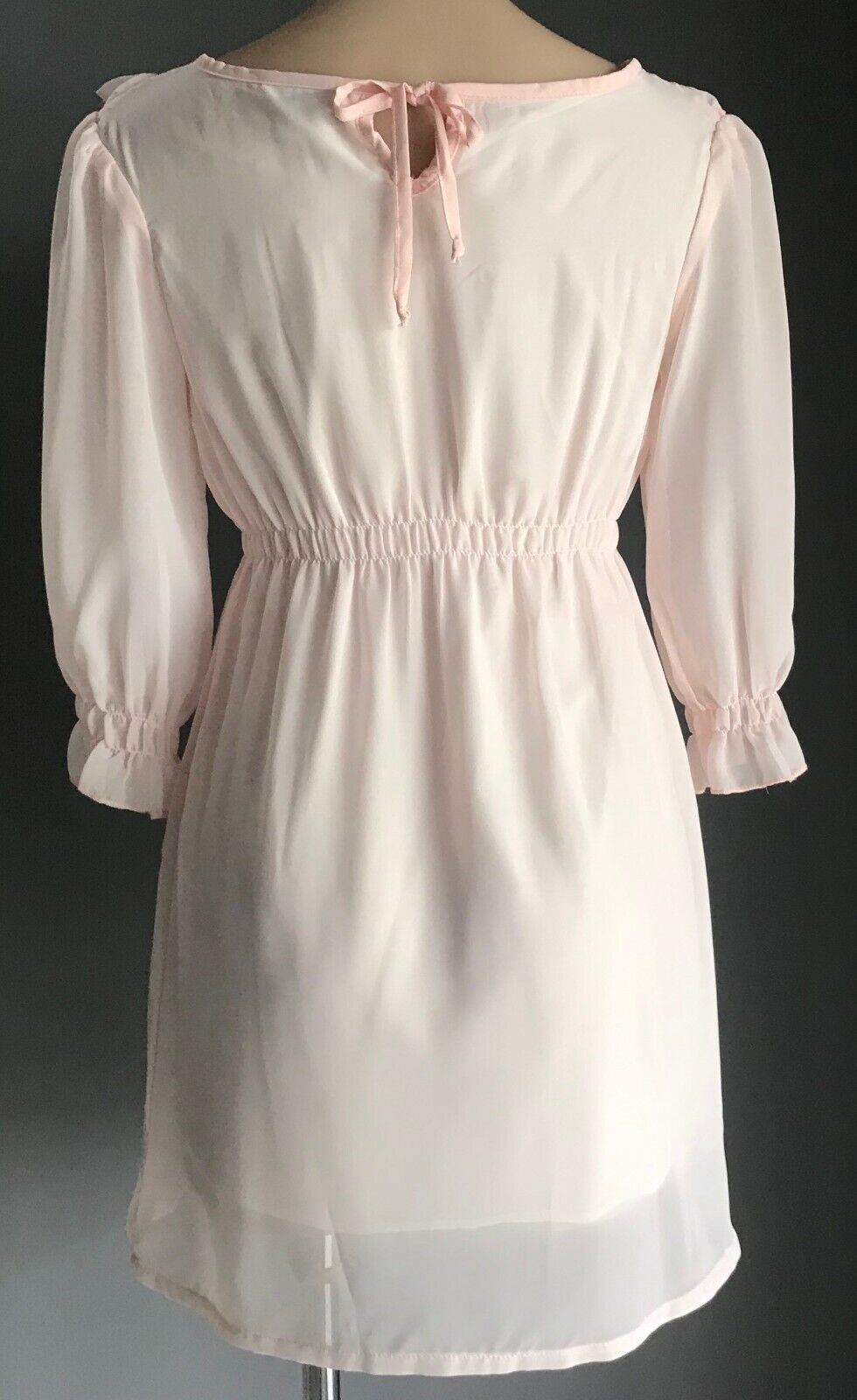 RJ STORY Dress Pale Pink 3/4 Sleeve Ruffle Neck Elastic Waist Ladies Size 10