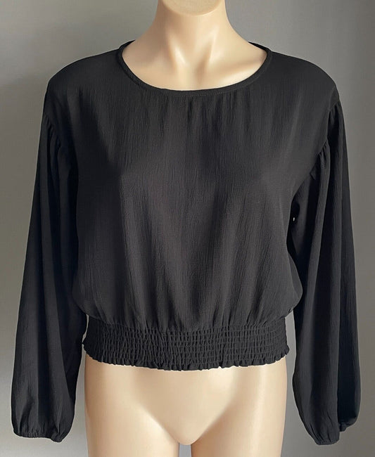 BECKARO Blouson Top Black Long Sleeve Shirred Elastic Hem Crop Size M 12