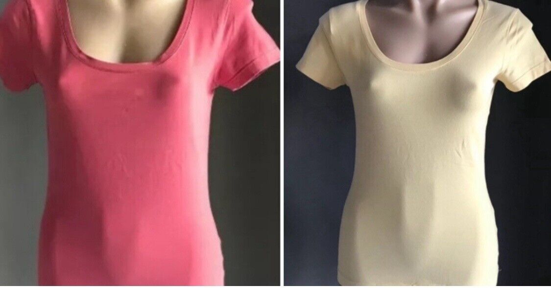 GIORDANO 2x Top T Shirt 1x Yellow & 1x Pink Stretch Short Sleeve Sz M 10 Basics