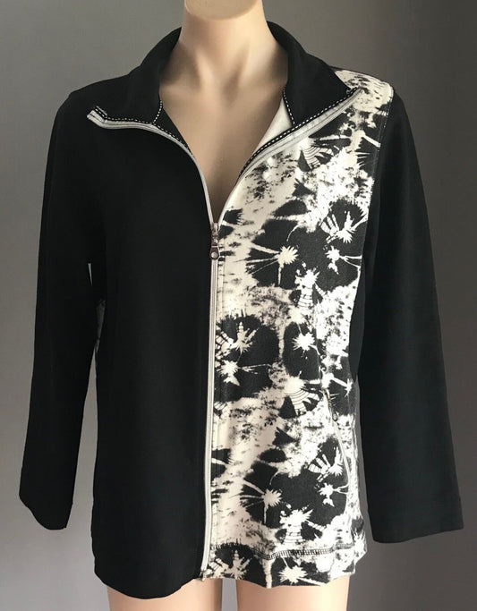 THREADZ Jacket Zip Front Casual Stretch Black w White Print Ladies Size L 14