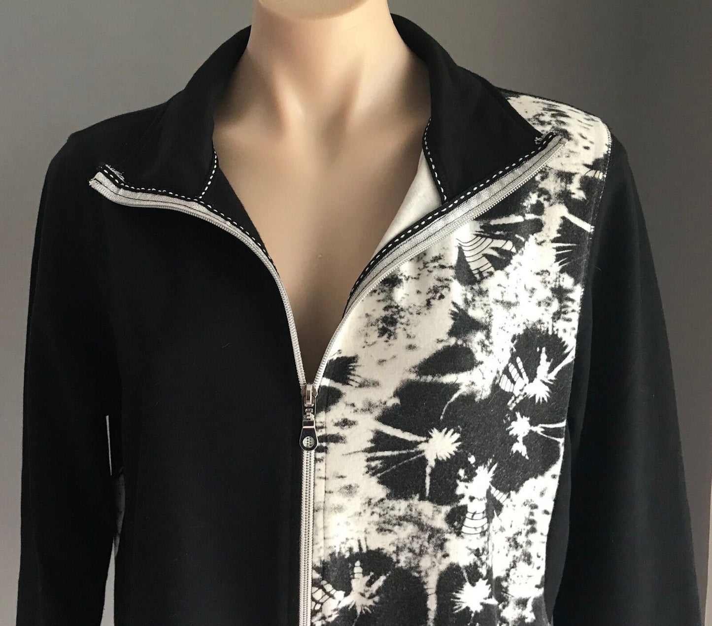 THREADZ Jacket Zip Front Casual Stretch Black w White Print Ladies Size L 14