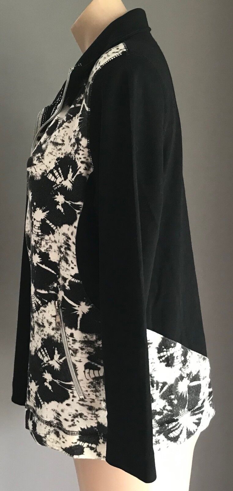 THREADZ Jacket Zip Front Casual Stretch Black w White Print Ladies Size L 14