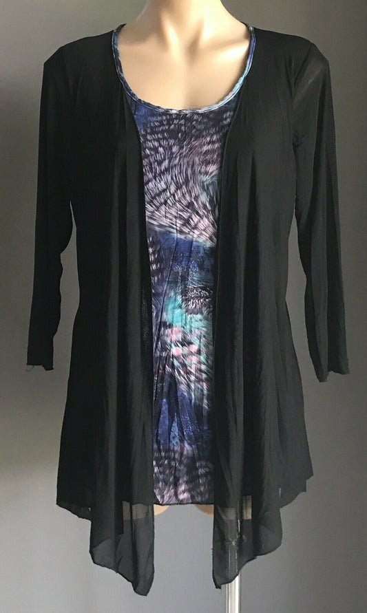 TWOFER Cardi 3/4 Sleeve Top Blue Purple Feathery Print & Black Mesh Side Size 14