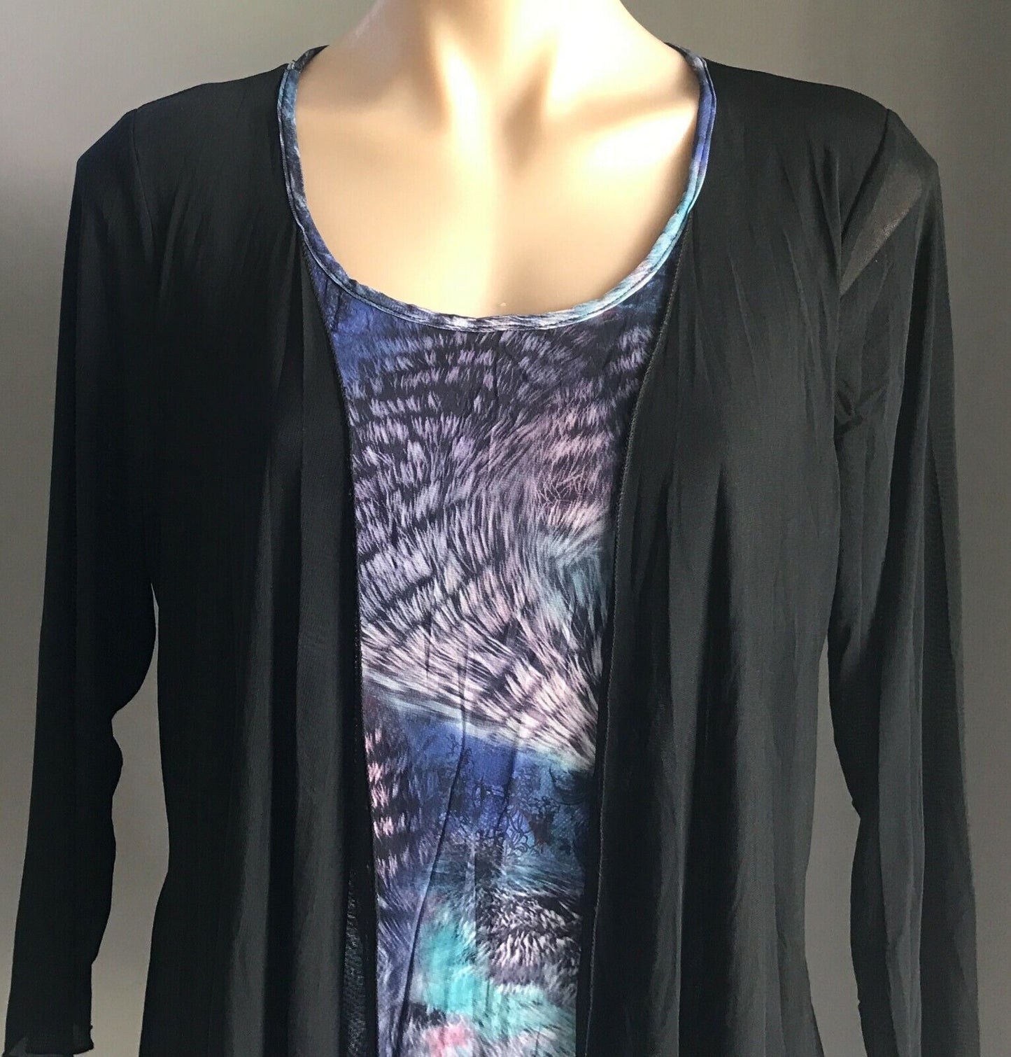 TWOFER Cardi 3/4 Sleeve Top Blue Purple Feathery Print & Black Mesh Side Size 14