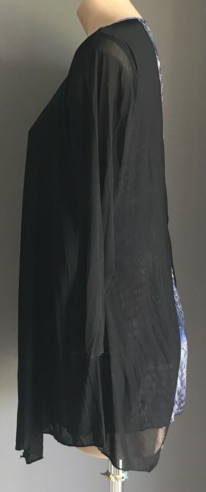 TWOFER Cardi 3/4 Sleeve Top Blue Purple Feathery Print & Black Mesh Side Size 14